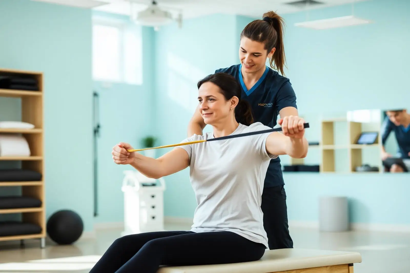 Physical therapist guiding a patient through resistance band rehabilitation exercises